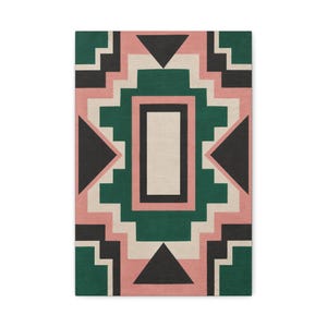 May include: A rectangular area rug featuring a geometric pattern with a central cream rectangle surrounded by concentric layers of dark green, dusty pink, and black shapes, including stepped borders and large triangles.