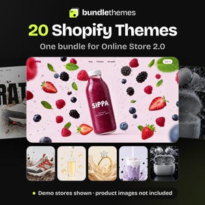 Könnte beinhalten: Eine digitale Grafik mit 20 Shopify-Themes für Online Store 2.0 von bundlethemes. Das zentrale Bild zeigt eine Flasche mit der Aufschrift SIPPA, umgeben von schwebenden Beeren und Minzblättern, sowie kleine Vorschaubilder mit Sneaker, Öl, Ring und Getränk.
