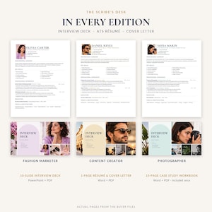 Op de afbeelding: Een digitale sjablonenset genaamd The Scribe's Desk, met drie cv- en sollicitatiebrief-lay-outs voor een modemarketeer, content creator en fotograaf, inclusief interviewdecks en casestudy-werkboeken in Word, PDF en PowerPoint-formaten.