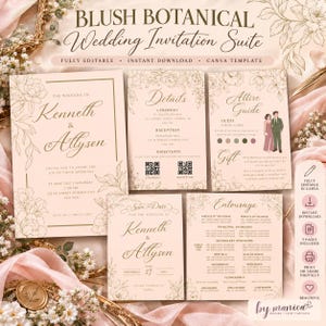 May include: A blush botanical wedding invitation suite template featuring five cards with gold floral line art. The text includes BLUSH BOTANICAL Wedding Invitation Suite, Kenneth & Allyson, Details, Attire Guide, Save the Date, and Entourage.