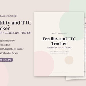 Op de afbeelding: Een printbaar gezondheidsdagboek Fertility and TTC Tracker met BBT-grafieken en bezoekkit. Het document bevat tekst voor cyclusdagen, baarmoederslijm en timing, gepresenteerd in een zacht kleurenpalet met cirkels op een lichte achtergrond.