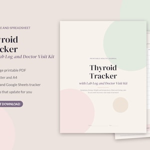 May include: A Thyroid Tracker printable health journal with a lab log and doctor visit kit. The cover features the text Thyroid Tracker with Lab Log and Doctor Visit Kit, accented by soft pink and green circles on a cream background.