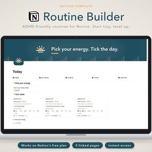 Modello Notion per ADHD, pianificatore di routine e monitoraggio delle abitudini per ADHD, creatore di routine giornaliere con livelli, agenda Notion per adulti