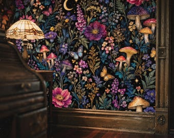 Dark Celestial Mushroom Wallpaper, Midnight Floral Botanical Peel and Stick