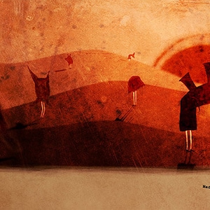 Puede incluir: Una ilustración digital de un paisaje rojo, naranja y marrón con una puesta de sol en el fondo. Hay varias figuras estilizadas en el paisaje, incluyendo un pájaro, una persona y una criatura con un cuello largo y un pico. El texto "Radio conoce a radio." está en la parte inferior de la imagen.