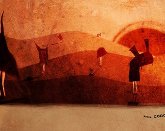 Lámina decorativa, ilustración cuento, ilustración impresa, decoración pared, personajes extraños, silencio, soledad, desierto, máscaras.