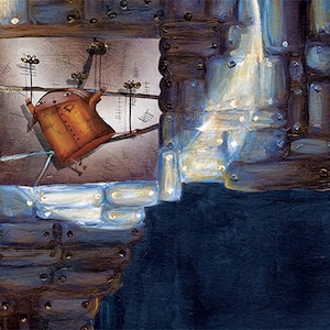 Puede incluir: Una figura antropomórfica de metal oxidado con cara y brazos está suspendida del techo por cables. La figura se encuentra en un entorno oscuro e industrial con un fondo azul.