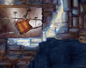 Lámina decorativa, aprendiendo a volar, ilustración cuento, ilustracion infantil, decoración de pared,  acrílico, collage, reflejo de luna