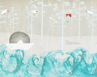 Lámina decorativa, ilustración azul, ilustración de playa, ilustración impresa, decoración pared, poesía ilustrada, historia de amor, arte