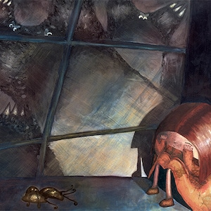 Puede incluir: Una pintura de una niña con cabello rojo sentada en el suelo, con aspecto asustado. Está mirando una ventana con una figura oscura y sombría detrás de ella. Hay un pequeño insecto marrón en el suelo frente a ella.