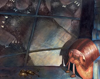 Lámina decorativa, ilustración azul, ilustración infantil, decoración de pared,  acrílico, collage, niña y monstruos, noche oscura, miedo