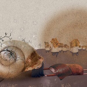 Puede incluir: Una ilustración surrealista de una gran concha de caracol con una pequeña figura tendida en el suelo frente a ella. La concha de caracol está parcialmente cubierta de pelaje marrón y tiene un patrón oscuro y arremolinado en su interior. La figura lleva un atuendo marrón y rojo y tiene una larga cola de caballo oscura. El fondo es de color marrón claro con algunos pequeños puntos blancos.