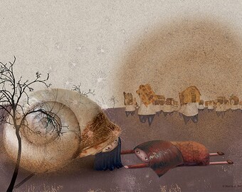 Lámina decorativa, ilustración caracol, beige, ilustración de cuento, decoración de pared,  acrílico, collage, desierto, fotografía cálida