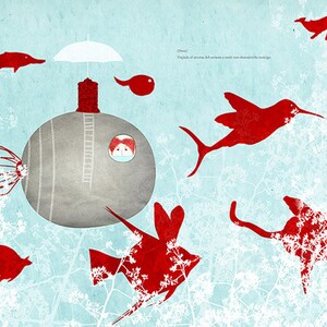 Puede incluir: Un submarino gris con un techo rojo y una sombrilla blanca en la parte superior. El submarino está rodeado de peces y pájaros rojos sobre un fondo azul claro.