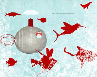 Lámina decorativa, ilustración azul, océano, animales marinos fantásticos, ilustración impresa, decoración pared, poesía, historia de amor