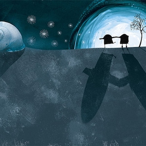 Puede incluir: Una ilustración azul oscuro de dos figuras que se toman de la mano, de pie frente a una gran luna blanca. Las figuras están silueteados contra la luna, y sus sombras se proyectan en el suelo debajo. La luna está rodeada de un cielo azul oscuro con estrellas blancas.