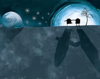 Lámina decorativa, ilustración azul, ilustración de luna llena, ilustración cuento, decoración pared, acrílico, collage, amistad, caminando