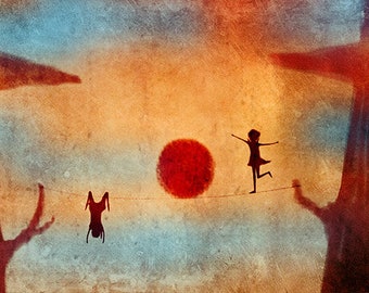 Lámina decorativa, pintura cálida, ilustración de acrobacia, puesta de sol, ilustración impresa, decoración de pared, a contraluz, amistad