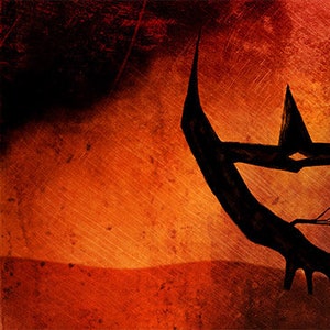 Puede incluir: Una silueta oscura de un árbol con una persona sentada en una rama. El fondo es un degradado rojo y naranja con un efecto texturizado. El texto "Duele. Solo un poquito." está escrito en negro sobre fondo blanco en la esquina superior izquierda de la imagen.