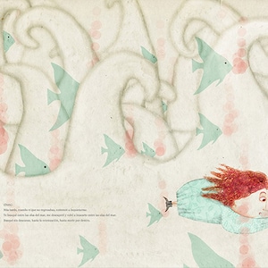 Puede incluir: Una ilustración de acuarela de una mujer con cabello rojo nadando en un mar de peces azules y burbujas rosadas. El texto en la imagen dice: "(Don't)  Mis tardes, cuando vi que no me regresionaba, continué a la superficie.  Te busqué entre las olas del mar, me desequilibré y volví a buscarte entre las olas del mar.  Rompí en dos direcciones, hacia la extensión, hacia la muerte por dentro."