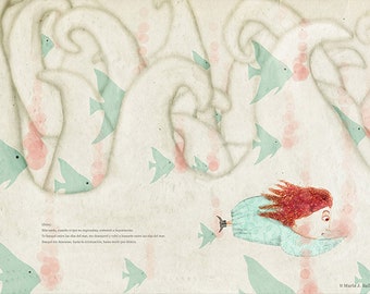 Ilustración océano, ilustración peces, pintura de olas del mar, poesía ilustrada, historia de amor, decoración pared, ilustración infantil