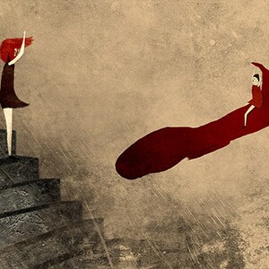 Puede incluir: Una mujer pelirroja sube una escalera, mientras una silueta roja de una mano con una mujer sentada en ella vuela en dirección opuesta.