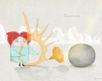 Lámina decorativa, ilustración impresa, ilustración cuento, decoración pared, poesía ilustrada, historia de amor, música, ilustración arpa