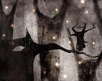 Lámina decorativa, Acroyoga, cuento de amistad, ilustración impresa, decoración de pared, pintura oscura, árbol negro, estrellas en la noche