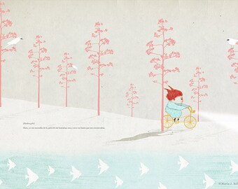 Paseo en bicicleta por la playa, ilustración de verano, cuento, ilustración infantil, historia de amor, lámina de pájaros en los árboles