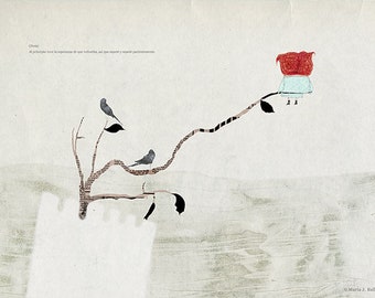 Ilustración esperanza, arte minimalista, ilustración playa, lámina árboles y pájaros, ilustración gris, castillo de arena, pintura de calma