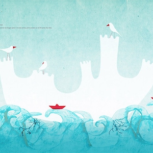 Puede incluir: Una forma abstracta blanca que se asemeja a un iceberg derritiéndose con tres pájaros blancos posados en la cima. El iceberg está rodeado de agua azul con olas blancas. El texto "(Chorus) Cuando sea bueger para ir en su partida, pero primero vamos a la Borraja las olas" es visible en la parte superior de la imagen.