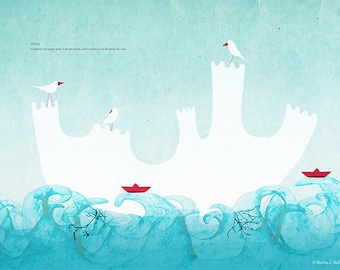 Ilustración castillo de arena, ilustración de verano, cuento, ilustración infantil, decoración de pared, poesía ilustrada, historia de amor