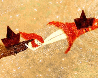 Lámina decorativa, ilustración de barquito de papel, ilustración impresa, decoración pared, ilustración cálida, abrazo, navegando, ternura