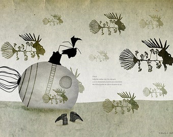 Ilustración pesadilla, ilustración playa, ilustración negra, submarino hundido, pintura oscura, pintura de terror, arte oscuro, decoración