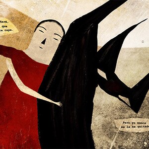 Puede incluir: Una ilustración en blanco y negro de una persona con un vestido rojo sosteniendo un pájaro negro grande. El texto de la imagen dice: "Yo te enseñaré, pero tendrás que quitarte la capa. Pero yo nunca me la he quitado."