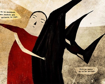 Lámina decorativa, ilustración cuento, ilustración impresa, decoración pared, ilustración roja y negra, abrazo, compartiendo sentimientos