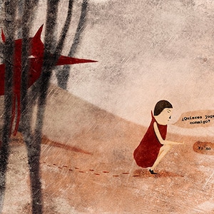 Puede incluir: Un zorro rojo con un hocico largo se encuentra detrás de un árbol, mirando a una niña con un vestido rojo. La niña está sentada en el suelo, mirando a una figura negra con cuernos. La figura negra dice "¿Quieres jugar conmigo?" y la niña dice "Yo no sé jugar."