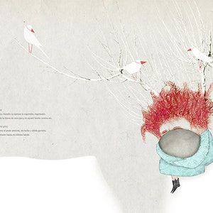 Puede incluir: Una ilustración digital de una persona con cabello rojo sosteniendo una roca gris. La persona lleva un suéter azul y está rodeada de ramas blancas con pájaros blancos.