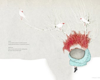 Ilustración abrazo, lámina blanca, pintura de pájaros, impresión de árbol, ilustración de amor, decoración de pared, ilustración de cuento