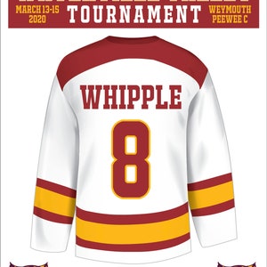 May include: A white hockey jersey with red and gold stripes. The number 8 is on the back of the jersey in maroon with a gold outline. The name "WHIPPLE" is printed above the number in maroon. The text "WATTERVILLE VALLEY TOURNAMENT" is at the top of the image in yellow and black. The text "MARCH 13-15 2020" is below the tournament name in black. The text "WEYMOUTH PEEWEE C" is on the right side of the tournament name in black. The text "GO WEYMOUTH!" is at the bottom of the image in black. Two tiger head logos are on either side of the text.