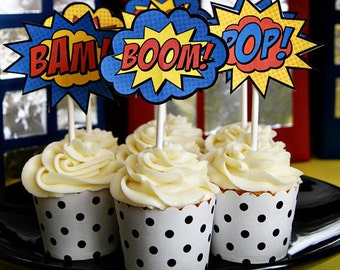 Superhero Cupcake Toppers • Boom, Bam, Zap, Pow, and Pop • Printed & Assembled