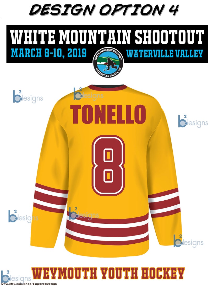 May include: A yellow hockey jersey with red and white stripes. The back of the jersey has the name "TONELLO" and the number "8" in red. The jersey also has the text "WEYMOUTH YOUTH HOCKEY" on the bottom. The jersey is for the White Mountain Shootout in Waterville Valley, NH.