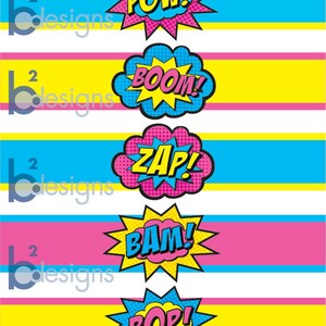 Superhelden Wasserflaschenetiketten • Pow! Boom! Zap! Pop! Bam! • GV2 Farbe • SOFORTIGER DOWNLOAD
