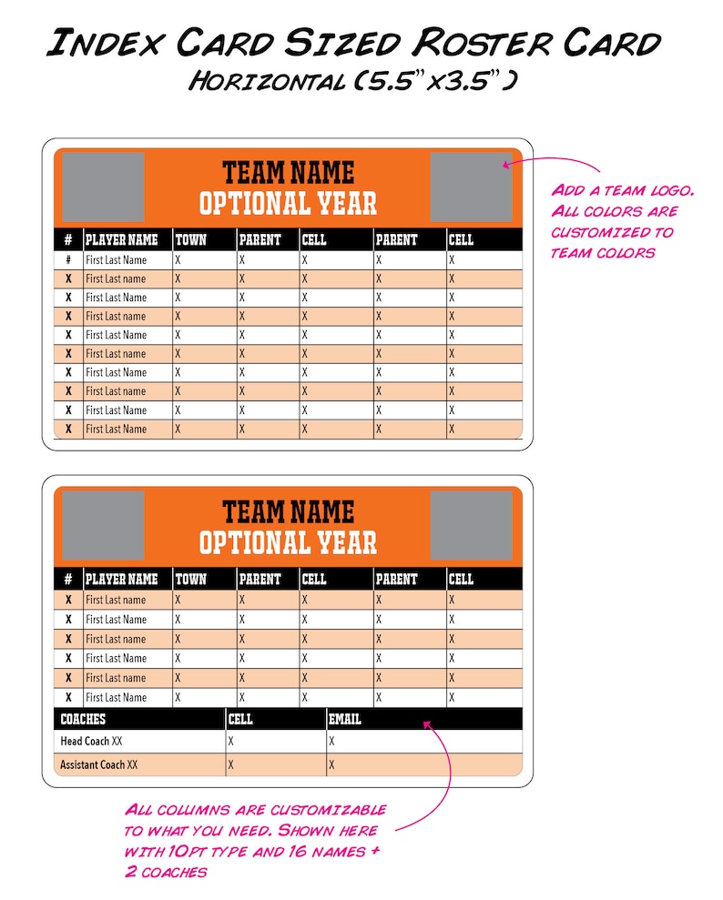 Templates Roster Cards Printed Sports Roster Cards: 5.5