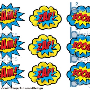 Może przedstawiać: Dziewięć kolorowych dymków komiksowych w stylu komiksowym z napisami "BAM!" "ZAP!" i "BOOM!" w kolorze czerwonym, żółtym i niebieskim.