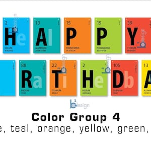 May include: A colorful graphic with the words "HAPPY BIRTHDAY" spelled out using periodic table elements. The design features blue, teal, orange, yellow, green, and red squares with element symbols and atomic numbers. The text "Color Group 4" is below.