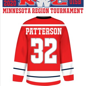 May include: Red hockey jersey with white and blue stripes. The back of the jersey has the name "Patterson" and the number "32" in white with a gray outline. The jersey is for the NWC U15B Minnesota Region Tournament, February 28-March 1, 2020.