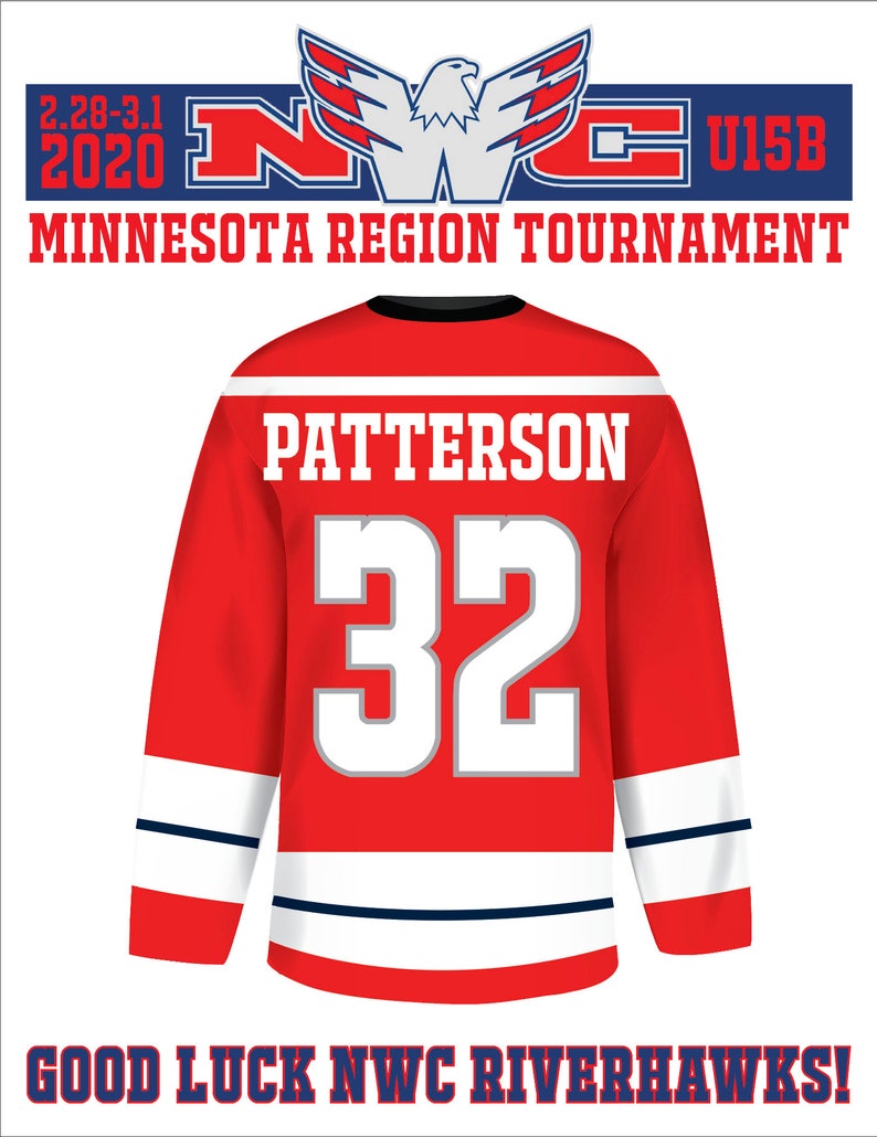 May include: Red hockey jersey with white and blue stripes. The back of the jersey has the name "Patterson" and the number "32" in white with a gray outline. The jersey is for the NWC U15B Minnesota Region Tournament, February 28-March 1, 2020.