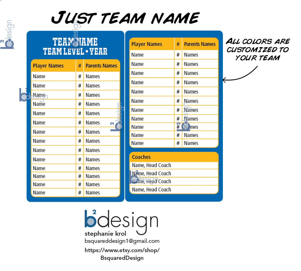 Sports Roster Cards Team Roster Cards Business Sized Etsy