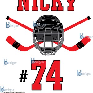 May include: A hockey-themed design featuring a red and black hockey stick, a black helmet with a gray cage, and the text "NICKY #74" in red. The text "READING HOCKEY 2019 KPW MEMORIAL TOURNAMENT" is also included in black.